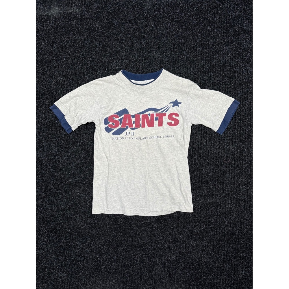 Vintage 90s Saints JP II Ringer T-Shirt L.A. Sportswear Gray Made in USA Kids L